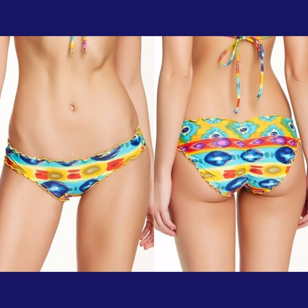 Luli Fama Yellow Blue Multicolor Ruffle Bikini Bottom